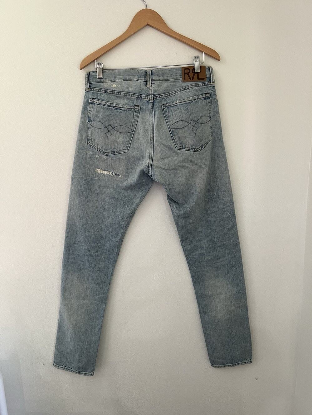 Ralph Lauren RRL Slim Narrow Blue Jeans 32x32 Faded distressed light wash